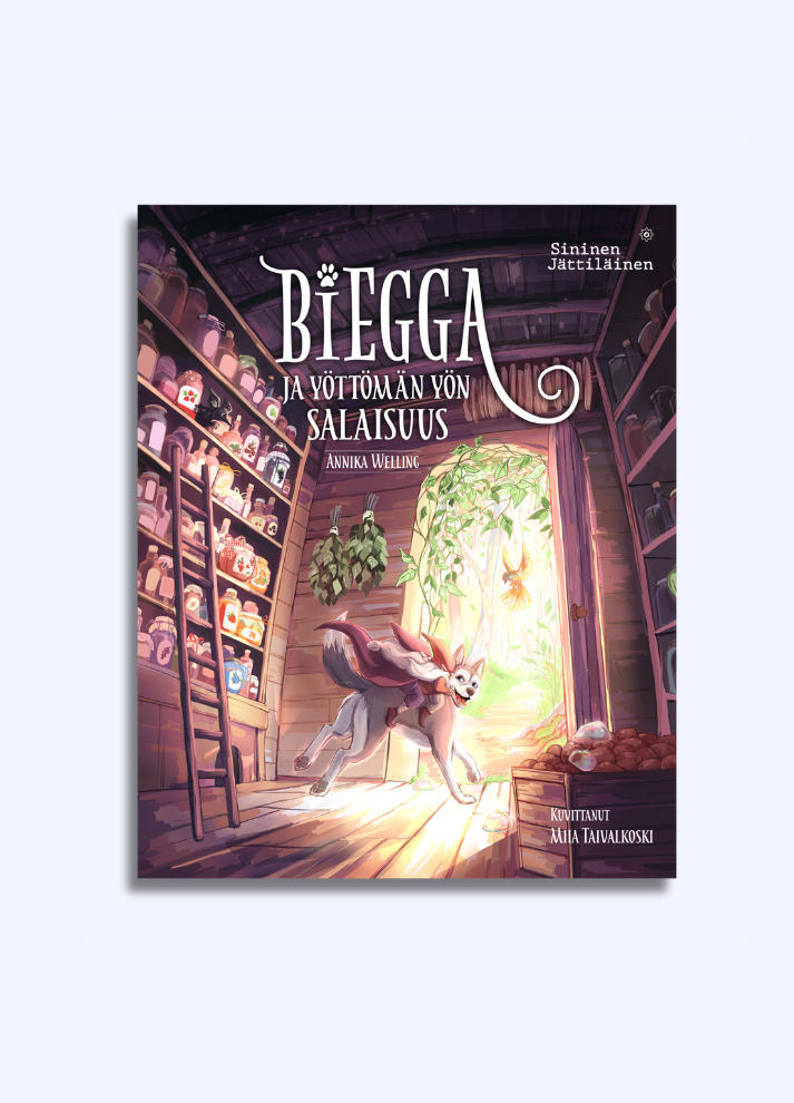 Biegga ja yöttömän yön salaisuus -kirjan kansi. Kuvitettu satukirja sijoittuu Lapin kesään. Kustantaja Sininen Jättiläinen